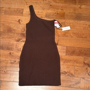 Babaton One-Shoulder Ribbed Bodycon Dress in Dark Brown